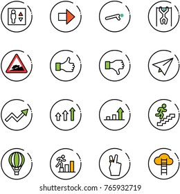line vector icon set - elevator vector, right arrow, push ups, pull, climb road sign, like, dislike, paper plane, growth, arrows up, career, air balloon, victory, cloud ladder
