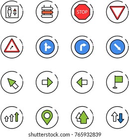 line vector icon set - elevator vector, sign post, stop road, giving way, turn right, only forward, detour, cursor, arrow, left, flag, arrows up, map pin, down