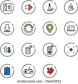 line vector icon set - elevator vector, right arrow, candle, disabled, download, refresh, map pin, statistics monitor, up down arrows, remote control, music player, record button, battery, gamepad