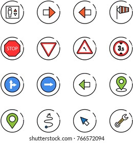 line vector icon set - elevator vector, right arrow, left, side wind, stop road sign, giving way, turn, limited height, only forward, map pin, trip, cursor, wrench