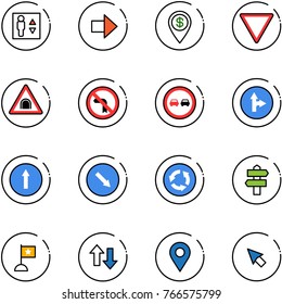 line vector icon set - elevator vector, right arrow, dollar pin, giving way road sign, tunnel, no left turn, overtake, only forward, detour, circle, signpost, flag, up down arrows, navigation