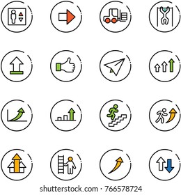 line vector icon set - elevator vector, right arrow, fork loader, pull ups, uplooad, like, paper plane, arrows up, growth, career, opportunity, down