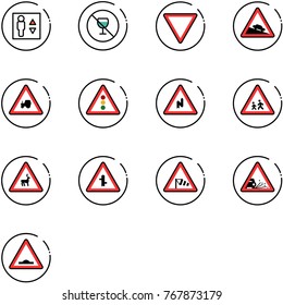 line vector icon set - elevator vector, no alcohol sign, giving way road, steep descent, tractor, traffic light, abrupt turn right, children, wild animals, intersection, side wind, gravel
