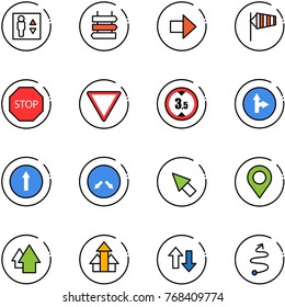 line vector icon set - elevator vector, sign post, right arrow, side wind, stop road, giving way, limited height, only forward, detour, cursor, map pin, up, arrows, down, trip