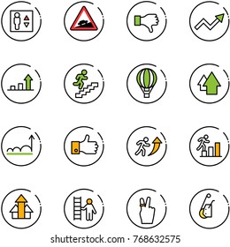line vector icon set - elevator vector, climb road sign, dislike, growth arrow, career, air balloon, up, finger, arrows, opportunity, victory, winch