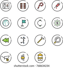 line vector icon set - elevator vector, plane seats, lollipop, firework rocket, basketball ball, flag, cent, dollar sun, fast backward, bezier, mason hammer, magnifier, wheelbarrow, allen key set