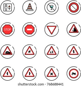 line vector icon set - elevator vector, road cone, no alcohol sign, prohibition, stop, way, giving, landslide, climb, abrupt turn right, children, intersection, railway, moto