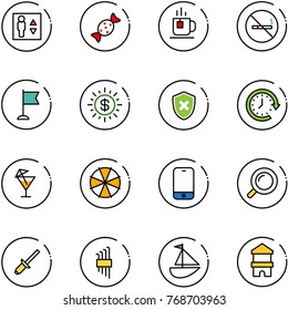 line vector icon set - elevator vector, candy, tea, no smoking sign, flag, dollar sun, shield cross, clock around, drink, parasol, mobile phone, magnifier, clinch, allen key set, sailboat toy