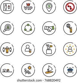 line vector icon set - elevator vector, vip, dollar pin, no left turn road sign, head hunter, community, agreement, world, team leader, winner, win, star man, swimming, beach, windsurfing