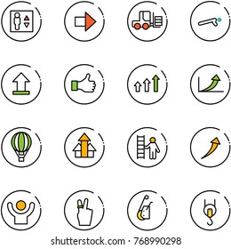 line vector icon set - elevator vector, right arrow, fork loader, push ups, uplooad, like, arrows up, growth, air balloon, opportunity, success, victory, winch