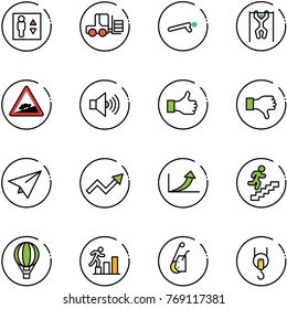 line vector icon set - elevator vector, fork loader, push ups, pull, climb road sign, volume max, like, dislike, paper plane, growth arrow, career, air balloon, winch