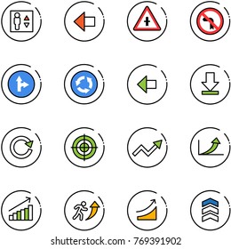 line vector icon set - elevator vector, left arrow, intersection road sign, no turn, only forward right, circle, download, reload, target, growth, career, rise, chevron