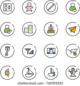 line vector icon set - elevator vector, cake man, no limit road sign, user login, check, building, bank, paper fly, piston, fine signal, battery, wheelbarrow, allen key set, sailboat toy, robot