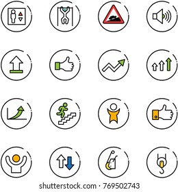line vector icon set - elevator vector, pull ups, climb road sign, volume max, uplooad, like, growth arrow, arrows up, career, success, finger, down, winch