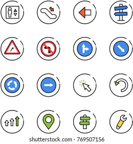 line vector icon set - elevator vector, escalator down, left arrow, road signpost sign, turn right, no, only forward, detour, circle, cursor, undo, arrows up, map pin, wrench