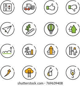 line vector icon set - elevator vector, fork loader, like, dislike, paper plane, career, air balloon, arrow up, growth, arrows, opportunity, cloud ladder, winch