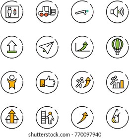 line vector icon set - elevator vector, fork loader, push ups, volume max, uplooad, paper plane, growth arrow, air balloon, success, finger up, career, arrows, opportunity, winch