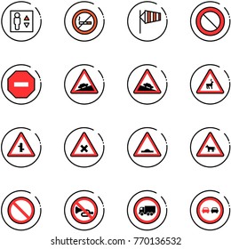 line vector icon set - elevator vector, no smoking sign, side wind, prohibition road, way, climb, steep descent, wild animals, intersection, railway, artificial unevenness, cow, horn, truck