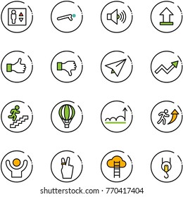 line vector icon set - elevator vector, push ups, volume max, uplooad, like, dislike, paper plane, growth arrow, career, air balloon, success, victory, cloud ladder, winch