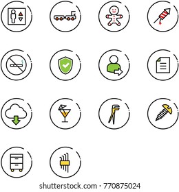 line vector icon set - elevator vector, baggage truck, cake man, firework rocket, no smoking sign, shield check, user login, document, download cloud, drink, plumber, screw, tool cabinet