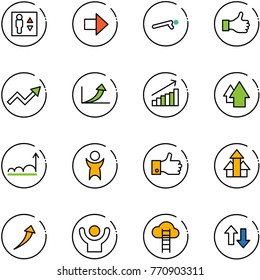 line vector icon set - elevator vector, right arrow, push ups, like, growth, up, success, finger, arrows, cloud ladder, down