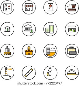 line vector icon set - elevator vector, duty free, first aid room, airport building, bank, account, store, sand fort, hotel, sea, lighthouse, level, winch, construction helmet
