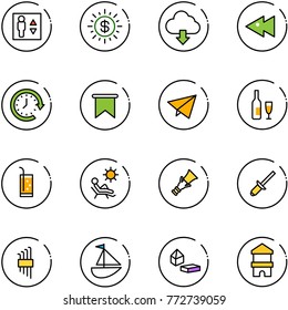 line vector icon set - elevator vector, dollar sun, download cloud, fast backward, clock around, flag, paper fly, wine, drink, beach, dowel, clinch, allen key set, sailboat toy, constructor blocks