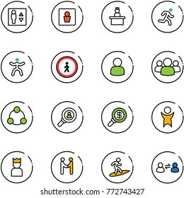 line vector icon set - elevator vector, male wc, recieptionist, run, gymnastics, no pedestrian road sign, user, group, social, head hunter, search money, success, king, agreement, surfing