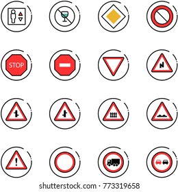 line vector icon set - elevator vector, no alcohol sign, main road, prohibition, stop, way, giving, abrupt turn right, intersection, railway, rough, attention, truck, overtake