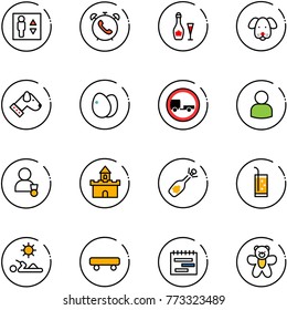 line vector icon set - elevator vector, phone alarm, wine, dog, eggs, no trailer road sign, user, winner, sand fort, fizz opening, drink, reading, skateboard, terms plan, bear toy