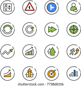 line vector icon set - elevator vector, intersection road sign, only forward right, user login, refresh, reload, fast, target, growth arrow, up, career, rise, arrows, chart