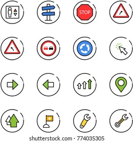 line vector icon set - elevator vector, road signpost sign, stop, turn right, left, no overtake, circle, cursor, arrow, arrows up, map pin, flag, wrench