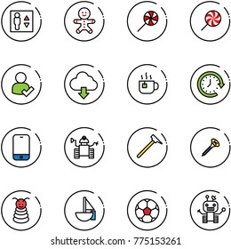 line vector icon set - elevator vector, cake man, lollipop, user check, download cloud, hot tea, clock around, mobile phone, robot, mason hammer, screw, pyramid toy, sailboat, soccer ball