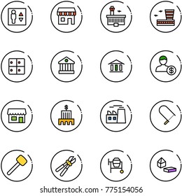 line vector icon set - elevator vector, duty free, airport building, baggage room, bank, account, store, plant, fretsaw, rubber hammer, bolt cutter, cocncrete mixer, constructor blocks