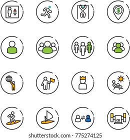 line vector icon set - elevator vector, run, pull ups, dollar pin, user, group, world, win, king, beach, surfing, windsurfing, information exchange, sharpening