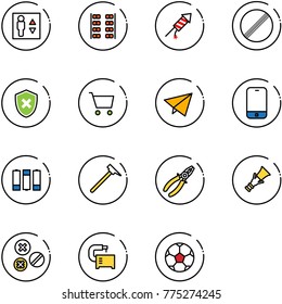 line vector icon set - elevator vector, plane seats, firework rocket, no limit road sign, shield cross, cart, paper fly, mobile phone, battery, mason hammer, pliers, dowel, rivet, machine tool