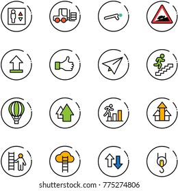 line vector icon set - elevator vector, fork loader, push ups, climb road sign, uplooad, like, paper plane, career, air balloon, arrow up, arrows, opportunity, cloud ladder, down, winch