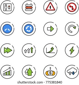 line vector icon set - elevator vector, sign post, intersection road, no left turn, detour, circle, right arrow, redo, fast forward, arrows up, growth, lightning, dollar, cloud exchange data