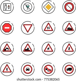 line vector icon set - elevator vector, no alcohol sign, main road, prohibition, way, giving, oncoming traffic, climb, embankment, steep roadside, abrupt turn right, intersection, car, horn, truck