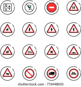 line vector icon set - elevator vector, no alcohol sign, way road, oncoming traffic, abrupt turn right, intersection, railway, side wind, artificial unevenness, cow, prohibition, truck, bike