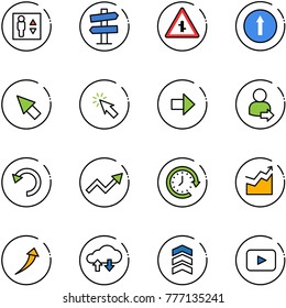 line vector icon set - elevator vector, road signpost sign, intersection, only forward, cursor, right arrow, user login, undo, growth, clock around, cloud exchange data, chevron, playback