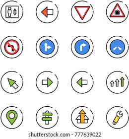 line vector icon set - elevator vector, left arrow, giving way road sign, tunnel, no turn, only forward right, detour, cursor, arrows up, map pin, signpost, wrench