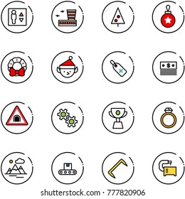 line vector icon set - elevator vector, airport building, christmas tree, ball, wreath, elf, medical label, dollar, tunnel road sign, gear, cup, diamond ring, mountains, conveyor, staple