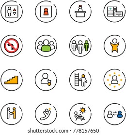 line vector icon set - elevator vector, female wc, recieptionist, hospital building, no left turn road sign, group, success, stairs, winner, opportunity, star man, agreement, flying, beach