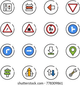 line vector icon set - elevator vector, sign post, left arrow, giving way road, turn right, tunnel, limited height, only forward, download, map pin, signpost, arrows up, down, wrench