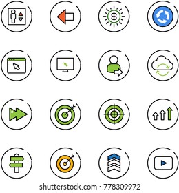 line vector icon set - elevator vector, left arrow, dollar sun, circle road sign, cursor browser, monitor, user login, refresh cloud, fast forward, target, arrows up, signpost, chevron, playback
