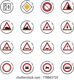 line vector icon set - elevator vector, main road sign, prohibition, landslide, climb, steep roadside, wild animals, intersection, railway, rough, artificial unevenness, attention, no car, moto, bus