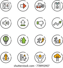 line vector icon set - elevator vector, right arrow, fork loader, pull ups, volume max, uplooad, dislike, growth, air balloon, up, career, arrows, opportunity, success, cloud ladder