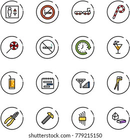 line vector icon set - elevator vector, no smoking sign, baggage truck, lollipop, clock around, drink, terms plan, fine signal, plumber, pliers, screw, allen key set, constructor blocks