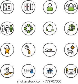 line vector icon set - elevator vector, ski, user, group, friends, community, search money, success, world, swimming, beach, surfing, information exchange, fingerprint scanner, sharpening